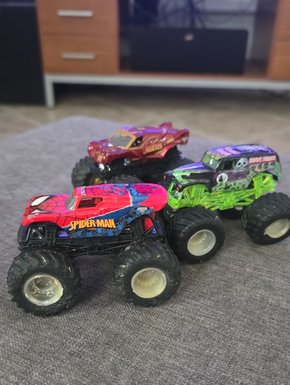 Spiderman, Iron man,Grave digger  Monster Truck Toy - Red & Blue All 3
